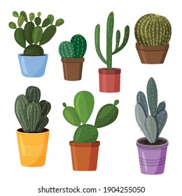 A set of cacti in pots. Cactus. Vector image in a flat style. A colorful collection of indoor cacti.