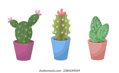 Set of cacti in pots. Decorative plants in flowerpots. Comfort and coziness. Gardening and horticulture. Tropical and exotic plants. Cartoon flat vector collection isolated on white background