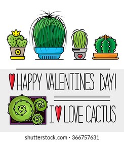 Set of cacti in pots of different shapes and colors. Vector card  I love cactus. Object isolated on white background