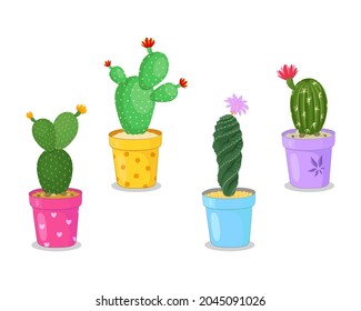 Set of cacti in pots in flat style. Illustration of home plants with spines and flowers.