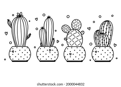 Set of cacti in pots isolated on white background. Succulents sketch.