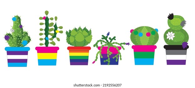 A set of cacti in pots painted in the colors of the flags of the LGBT community. Vector stock illustration isolated on white background.