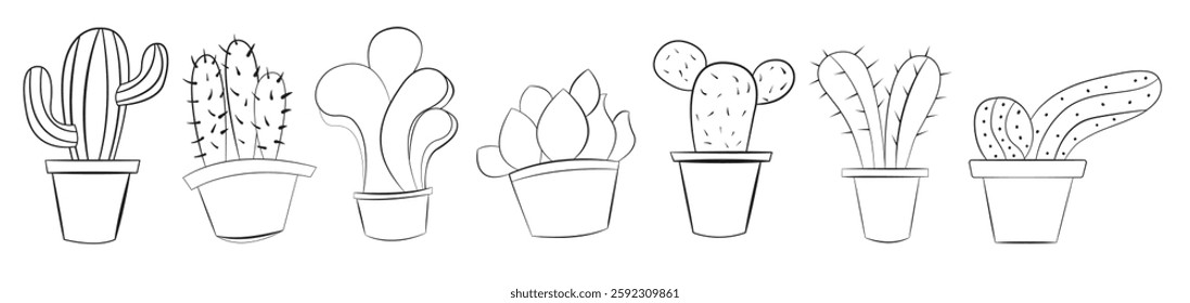 Set of cacti in pots. Stylish cacti.Collection of cactus icons