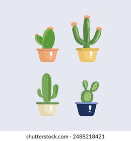 Set of cacti in pots. Vector illustration in flat style