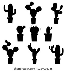 A set of cacti, silhouettes of cacti in a pot. Vector isolated on a white background.