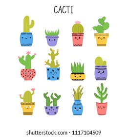 Set of cacti and succulents. Cacti in flower pots. Cartoon icons. Collection of exotic plants. Vector illustration