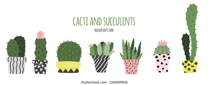 Set of cacti and succulents in hand drawn flat style. Cartoon plants. Social media template cover design. Stock vector