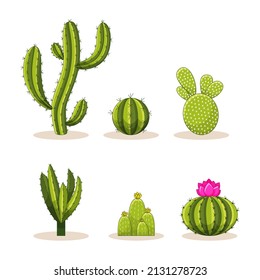 Set of Cacti with thorns and flowers. Mexican green plant cactus with spines. Element of the desert and southern landscape. Cartoon flat vector illustration. Isolated on white background.