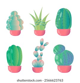 Set of cacti. Tropical and exotic plants. Bloom and blossom flowers. Mexican flora, desert. Gardening, botany and horticulture. Flat vector collection isolated on white background