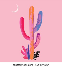 Set of cacti. Vector illustration. Summer cactus in the desert on a pink background. Vector set of cactus, aloe, leaves, monstera. Collection of exotic plants. Cactus with flowers. Mexico. Mexican