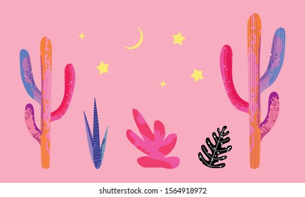 Set of cacti. Vector illustration. Summer cactus in the desert on a pink background. Vector set of cactus, aloe, leaves, monstera. Collection of exotic plants. Cactus with flowers. Mexico. Mexican