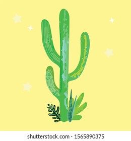 Set of cacti. Vector illustration. Summer cactus in the desert on a yellow background. Vector set of cactus, aloe, leaves, monstera. Collection of exotic plants. Cactus with flowers. Mexico. Mexican