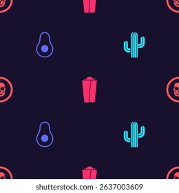 Set Cactus, Avocado fruit, Burrito and Mexican skull coin on seamless pattern. Vector