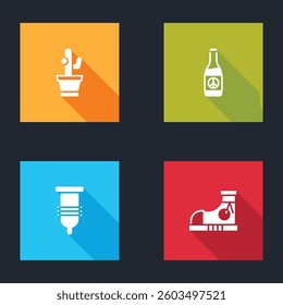 Set Cactus, Beer bottle, Condom and Sneakers icon. Vector