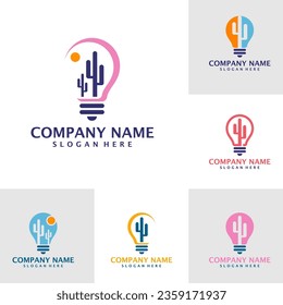 Set of Cactus with Bulb logo design vector. Creative Cactus logo design template concept