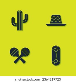 Set Cactus, Burrito, Maracas and Mexican sombrero icon. Vector