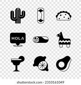 Set Cactus, Burrito, Taco with tortilla, Margarita cocktail, Lime, Avocado fruit, Hola and  icon. Vector