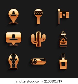 Set Cactus, Burrito, Tequila bottle, Mexican wrestler, sombrero, Mexico flag and  icon. Vector