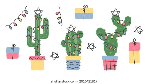 Set with cactus in a clay pots with garland, lights isolated on white background. Vector Christmas illustration for postcard, banner, design, web, advirtising.