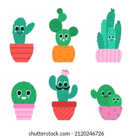 Juego de cactus. Colección de imágenes para niños, pegatinas para redes sociales. Imágenes bonitas para imprimir en ropa. Plantas mexicanas. Dibujo vectorial plano de dibujos animados aislado en fondo blanco