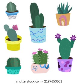 set of cactus in colorful pots