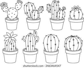 Set of cactus coloring page for kids. Plant outline doodle colouring page isolated on white background. Summer coloring book for kids 