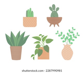 Set of cactus in a cray pot, flat vector illustration.