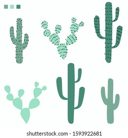 Set of cactus of different shapes in shades of green with and without thorns. Hand drawn succulents cacti desert plants. Simple flat stock vector illustration isolated on white background.