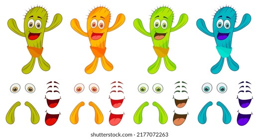 Set of сartoon cactus with emotions for animation on a white background. Stock vector illustration.