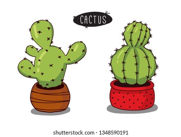 Set of cactus in flower pots on white background - vector