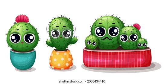 Set of cactus in flowerpot. Cartoon cactus with flowers. Cute succulent character. Collection of exotic desert plants isolated on a white. Cartoon succulents with funny faces. Kawaii cactus set.