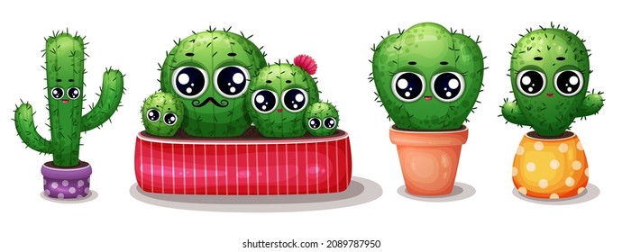 Set of cactus in flowerpot. Cartoon cactus with flowers. Cute succulent character. Collection of exotic desert plants isolated on a white. Cartoon succulents with funny faces. Kawaii cactus set.