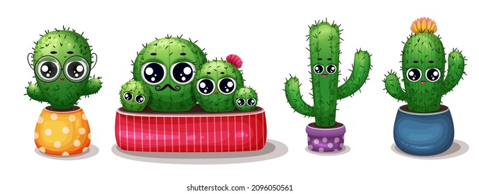 
Set of cactus in flowerpot. Cartoon cactus with flowers. Cute succulent character. Collection of exotic desert plants isolated on a white. Cartoon succulents with funny faces. Kawaii cactus set.