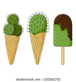 Set of cactus in the form of ice cream. Ice cream on a stick, ice cream in a horn. Funny dessert. Cute cactus in cartoon style. Succulent isolated on white background. Hand drawing.Vector illustration