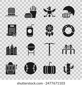 Set Cactus, Golden gate bridge, Donut, Eagle, Soda can with straw, Declaration of independence, Patriotic American top hat and Dream catcher feathers icon. Vector