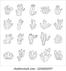 Conjunto de cactus, ilustración dibujada a mano, dibujo de línea de estilo de doodle