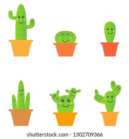 Set of cactus with happy faces on a white background. Flower character vector illustration.