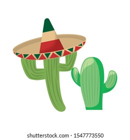 set cactus with hat mexican traditional vector illustration design