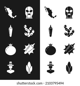 Set Cactus, Hot chili pepper pod, Map of mexican, Mexican wrestler, Tomato, Corn and man sombrero icon. Vector