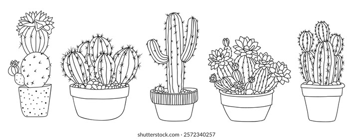 Set of Cactus Houseplants outline drawings. Indoor exotic flowers in pots line art. Succulent plants for home interior plans, design. Vector illustrations isolated on white background.