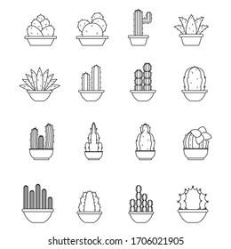 Conjunto de cactus iconc en plantas de cacerolas. Esquema de cactus - Ilustración de vectores