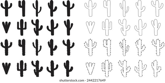 Conjunto de iconos de Cactus en estilos planos con stock editable. Símbolos del desierto. Jardín de plantas Botánica verano ilustración tropical doodle. Gran paquete de diseños de silueta de vectores sobre fondo transparente.