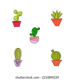set Cactus icons on a white background. Home plants cactus in pots