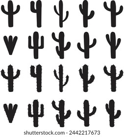 Conjunto de iconos de Cactus en estilos de relleno negro de moda. Símbolos del desierto. Jardín de plantas Botánica verano ilustración tropical doodle. Gran paquete de diseños de silueta de vectores aislados sobre fondo transparente.