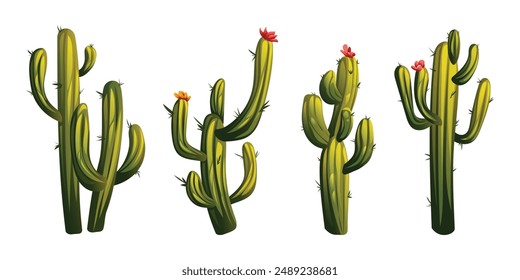 Conjunto de ilustración de cactus. Vector de dibujos animados de planta del desierto aislado sobre fondo blanco