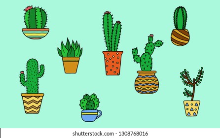 set of cactus illustration. Vector hand-drawn style illustration.