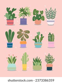 Set of cactus illustrations. Desert plant illustration. Cute summer park. Isolated on pink background.