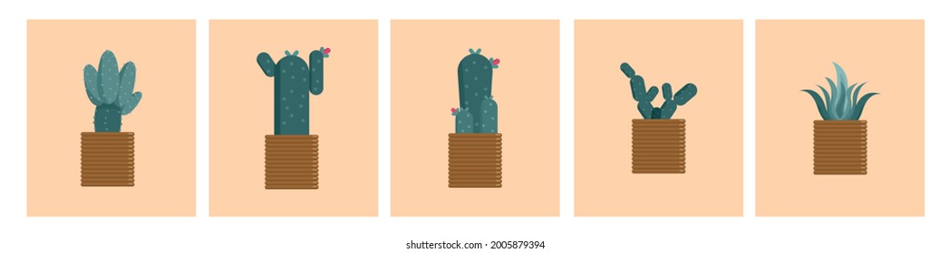 Set of cactus illustrations in minimalist style and neutral colors for poster, t-shirt print, cover, banner. Green leaves in illustration.