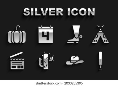 Set Cactus, Indian teepee or wigwam, Baseball bat, Western cowboy hat, Movie clapper, Cowboy boot, Pumpkin and Calendar with date July 4 icon. Vector