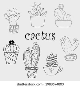 Set of cactus Isolated on white background.Doodle vector illustration 